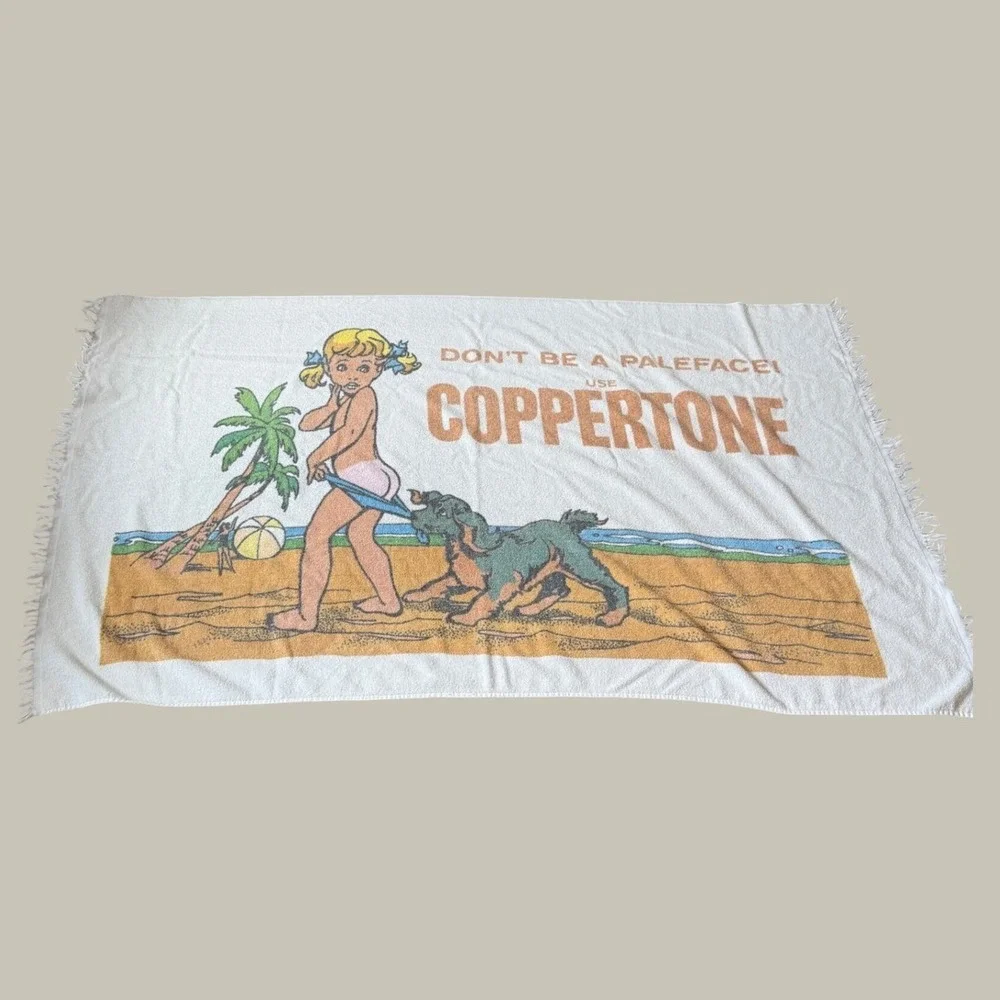 Vintage Coppertone Beach Towel Dont Be A Paleface Girl Dog Fringe White Retro